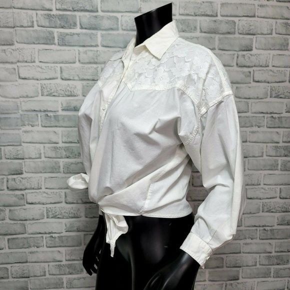 Vintage 90s Cotton Express Womens M White Button Front‎ L/S Tie Waist Lace Trim - Picture 2 of 7